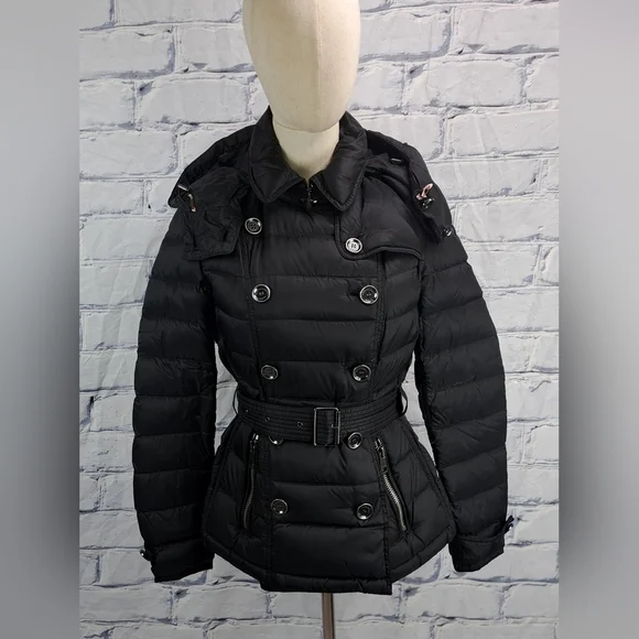 Burberry Women's Puffer Winter Jacket Grey Goose Down Fill Black Hooded Small - Picture 2 of 16